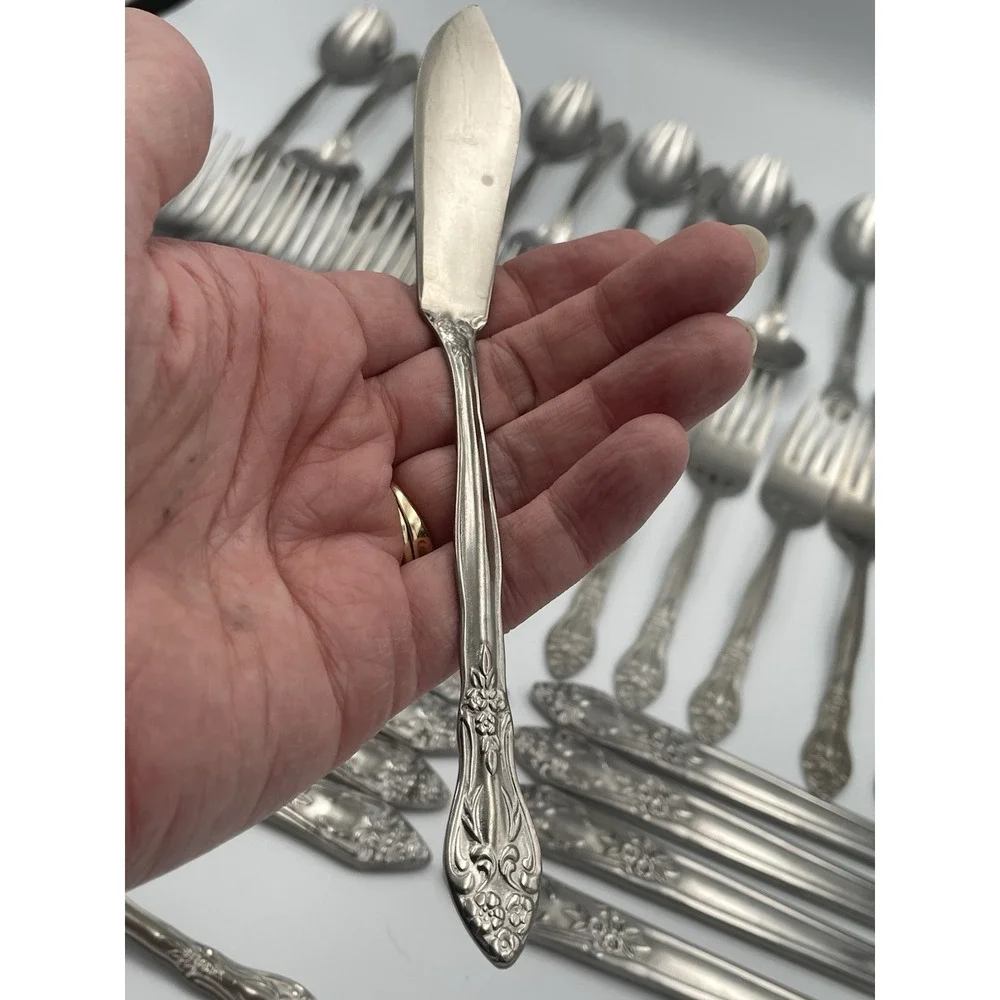 Vtg. 41 Piece Rogers Co. Japan Stainless Flatware Rose Pattern Knife Fork Spoon
